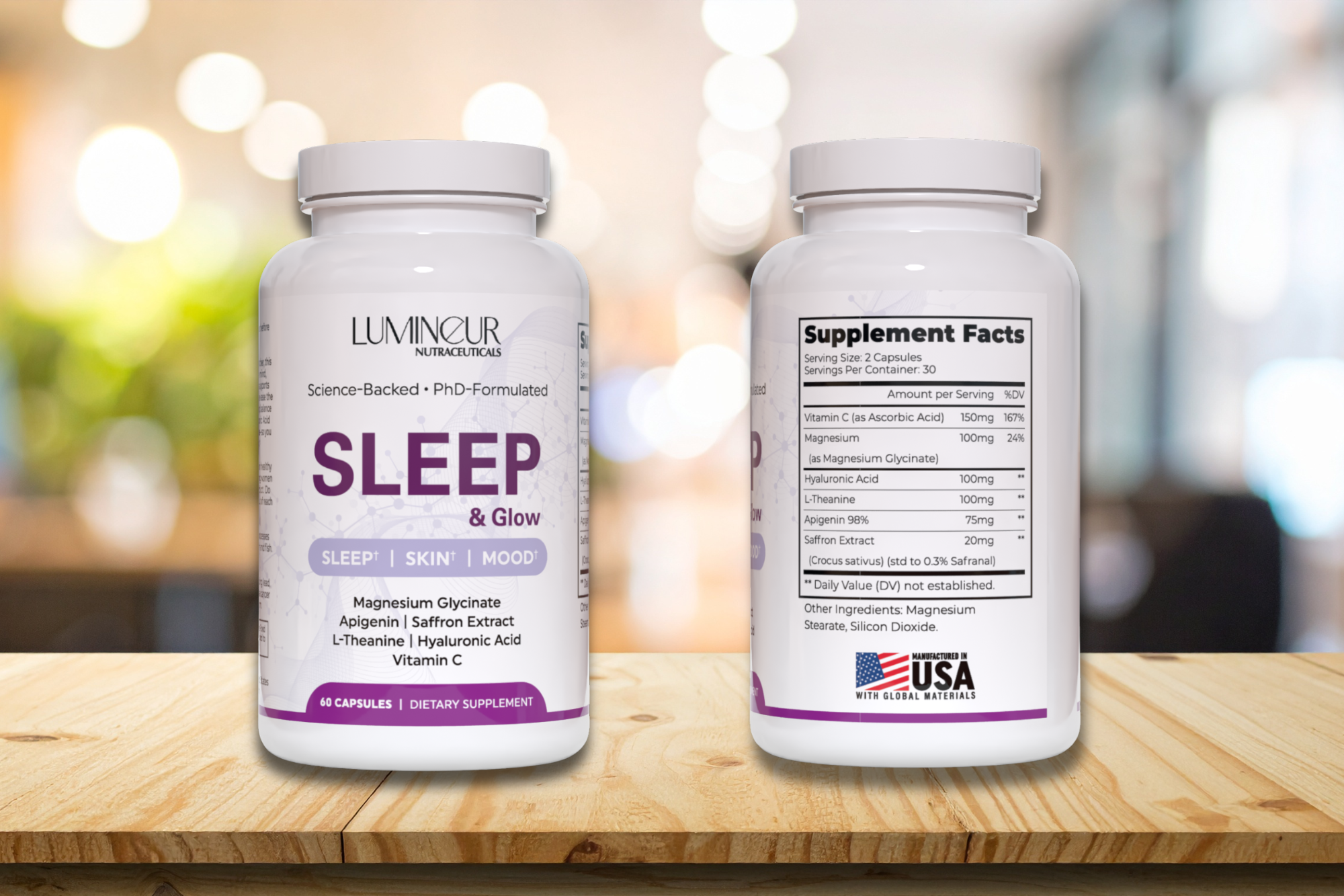 Lumineur Sleep & Glow supplement bottle by PhD neuropharmacologist