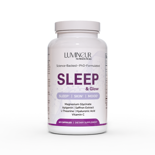 Lumineur Sleep & Glow supplement bottle by PhD neuropharmacologist
